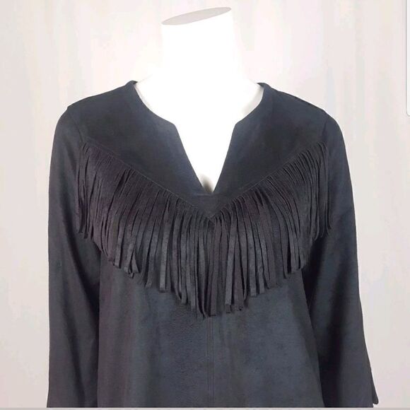 NWT Express Women Sz Small Black Faux Suede Fringe 3/4 Sleeve Top Boho Festival - Picture 2 of 5